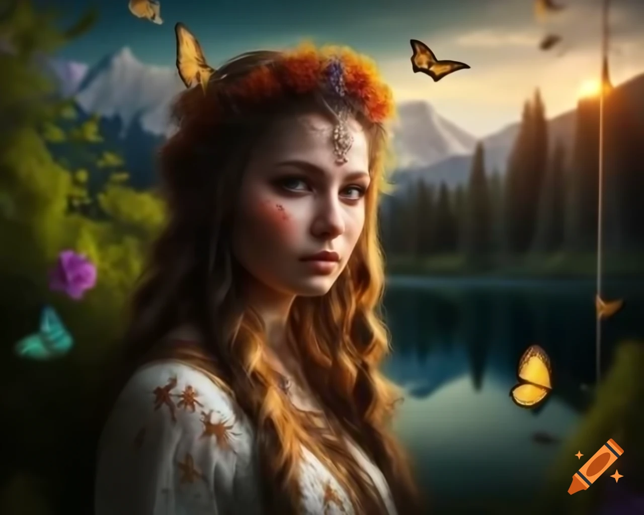 Hyper-realistic portrait of Slavic woman with flowers and butterflies in hair