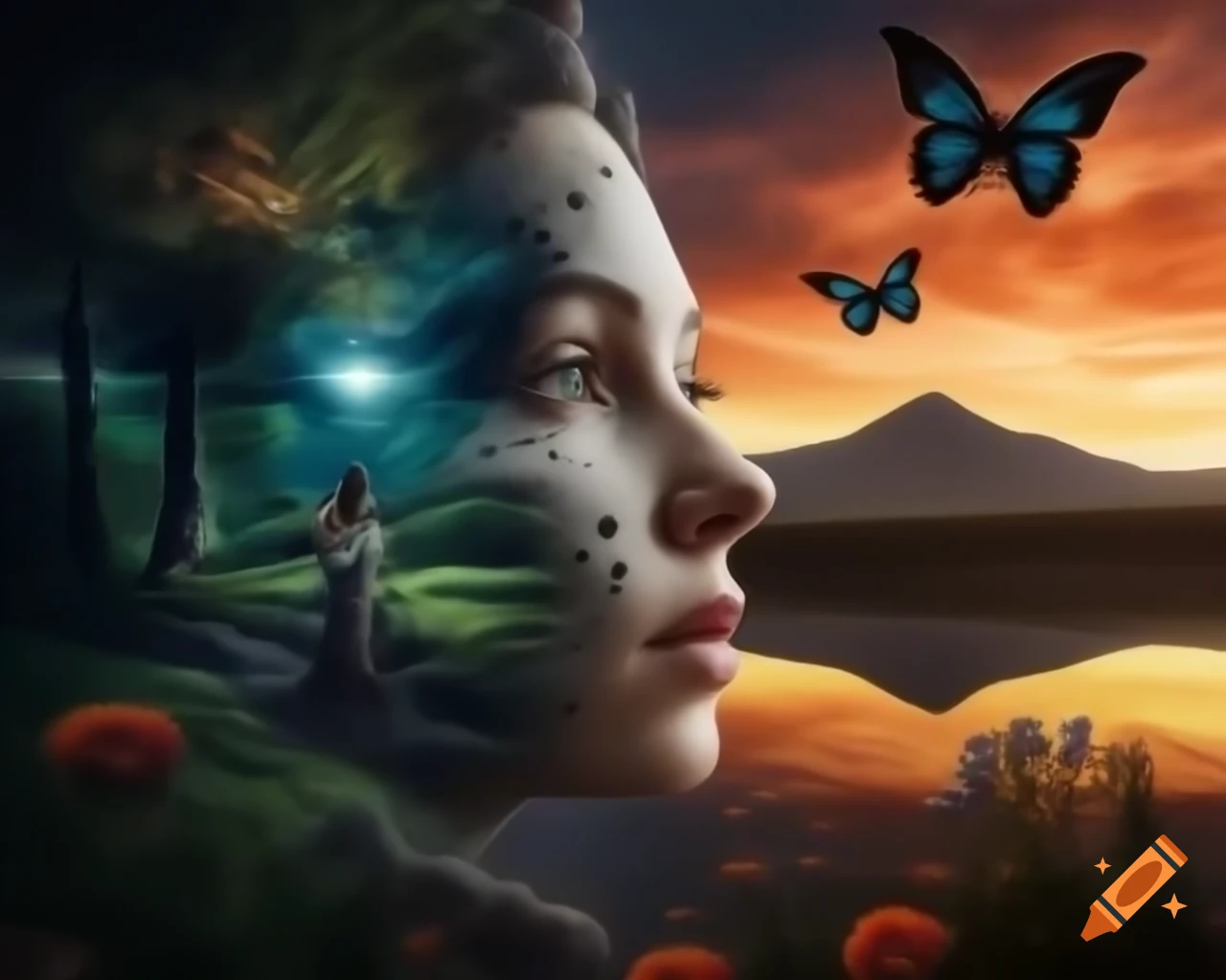 Surreal and lifelike woman's face surrounded by ancient trees and wildflowers