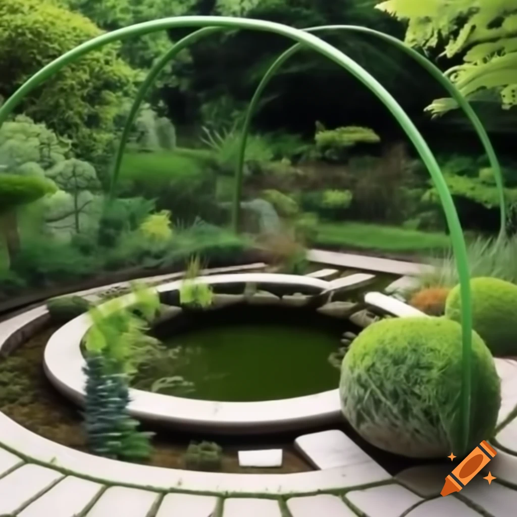 Circular pond with railings in beautiful garden featuring concrete benches and green plant arch
