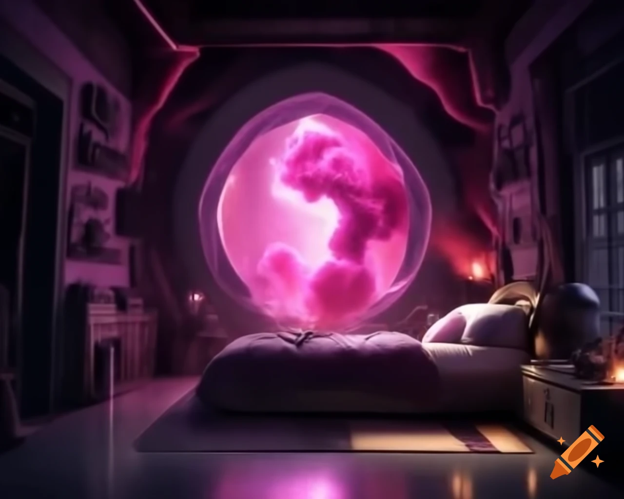 Bedroom with portal to pink dimension and pink smoke