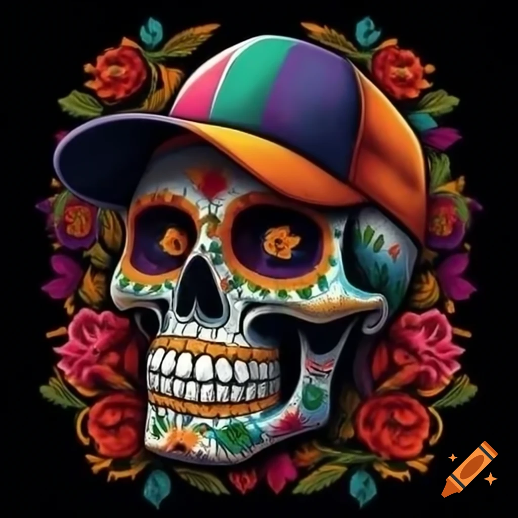 Colorful Day of the Dead sugar skull wearing a baseball cap