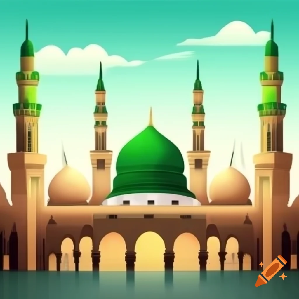Vector illustration of Madinah Sharif with green dome in Holy Mosque