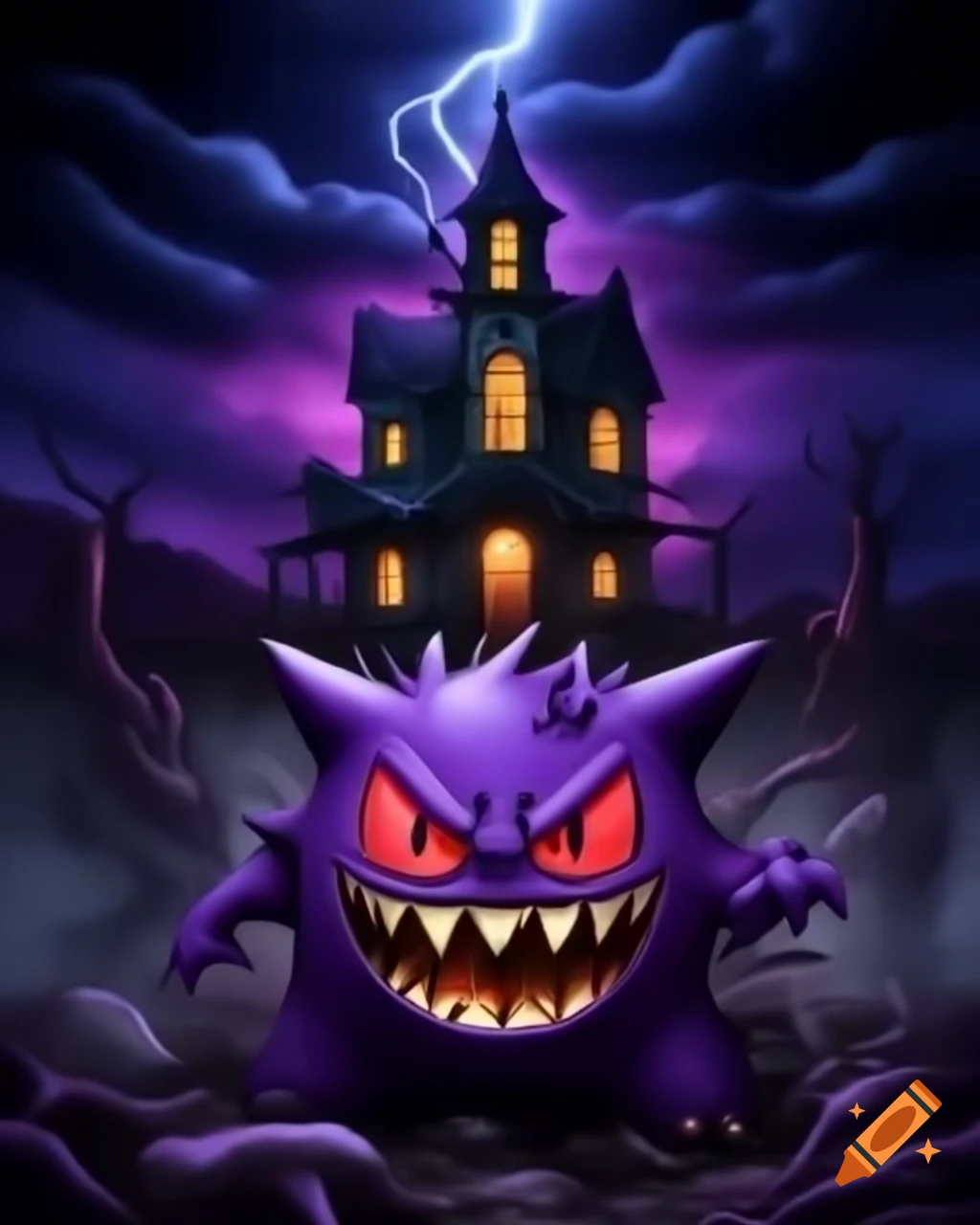 Gengar in horror-themed haunted house with lightning effects