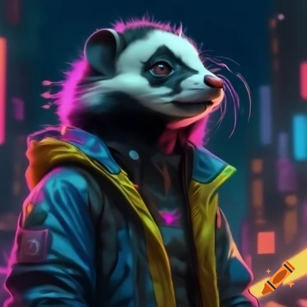 Realistic skunk in futuristic yellow jacket with LEDs in neon dystopian city