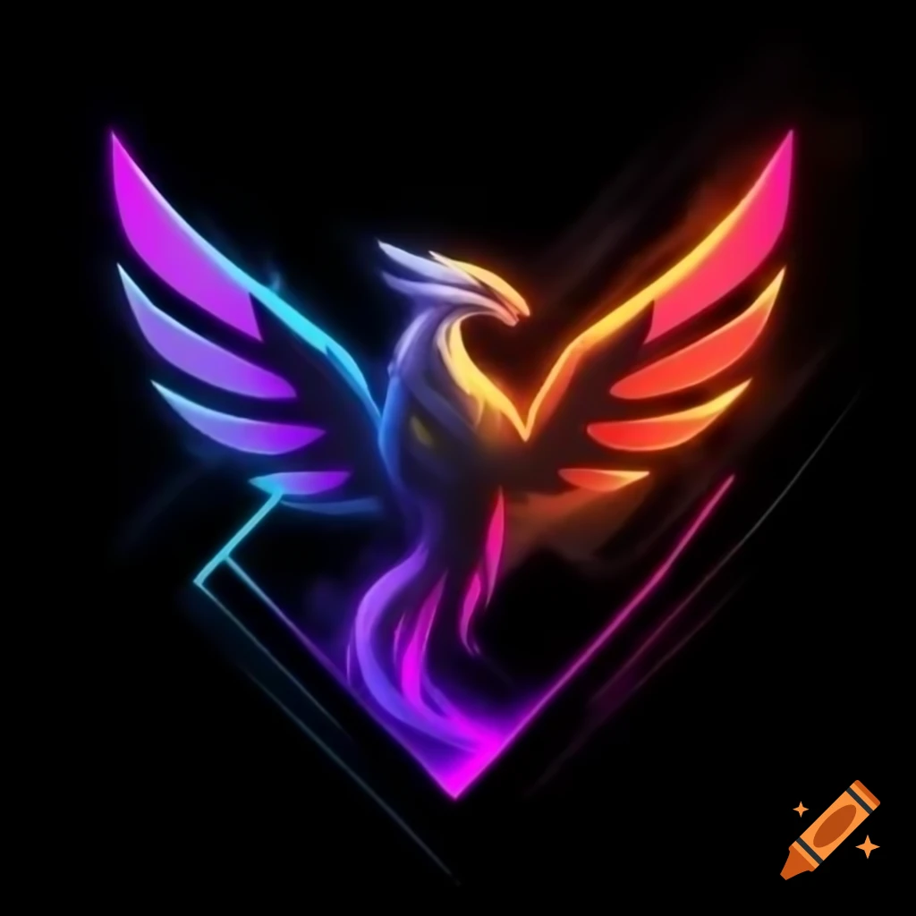 Phoenix logo with cybernetic features and neon flames, symbolizing rebirth