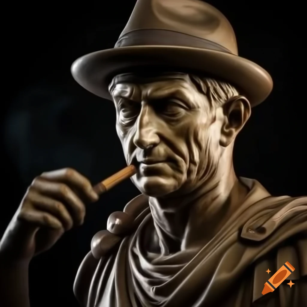 Bust of Caesar Augustus with fedora and cigar, blending Roman and 1920s gangster style