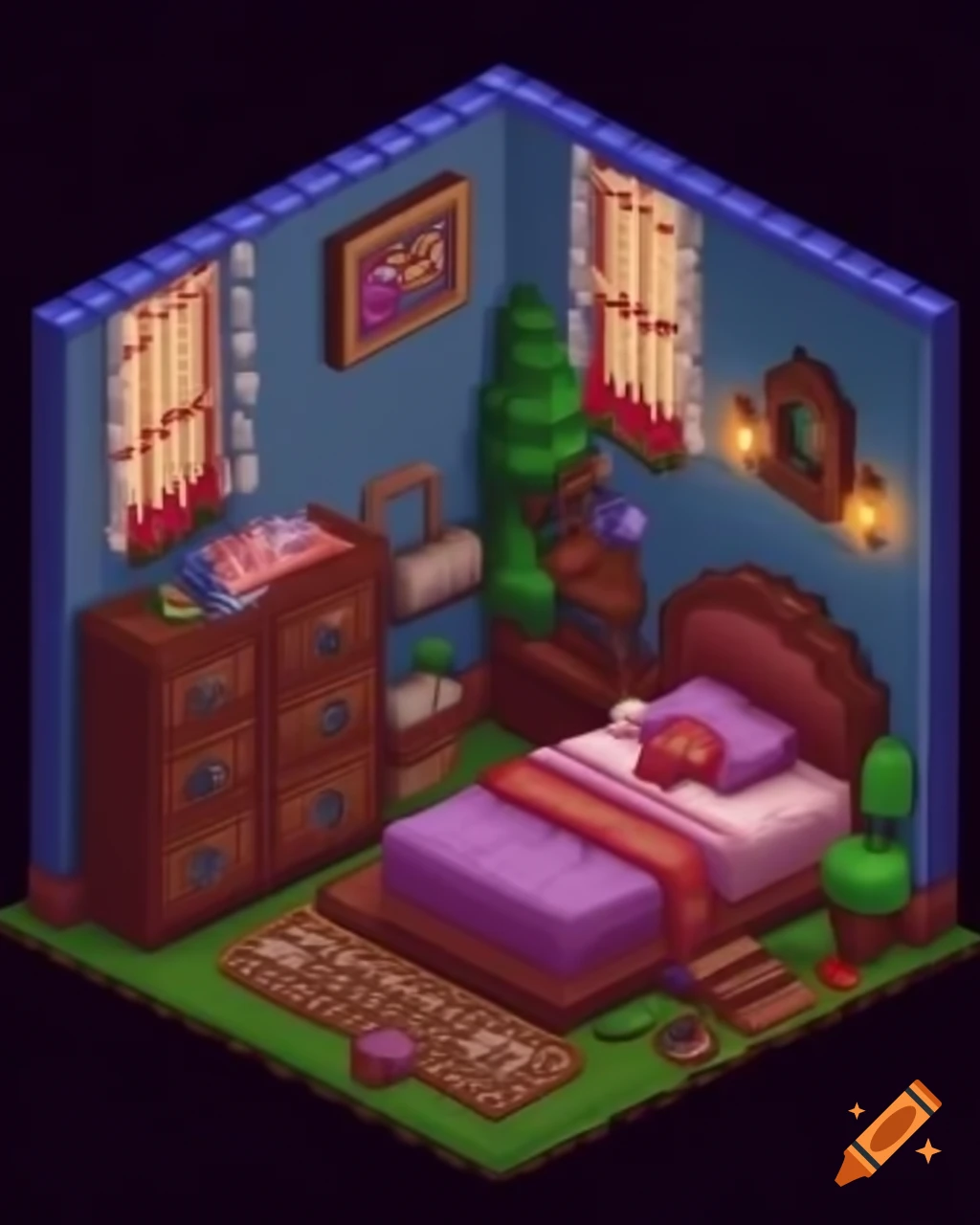 Charming pixel-art bedroom showcasing digital comforts