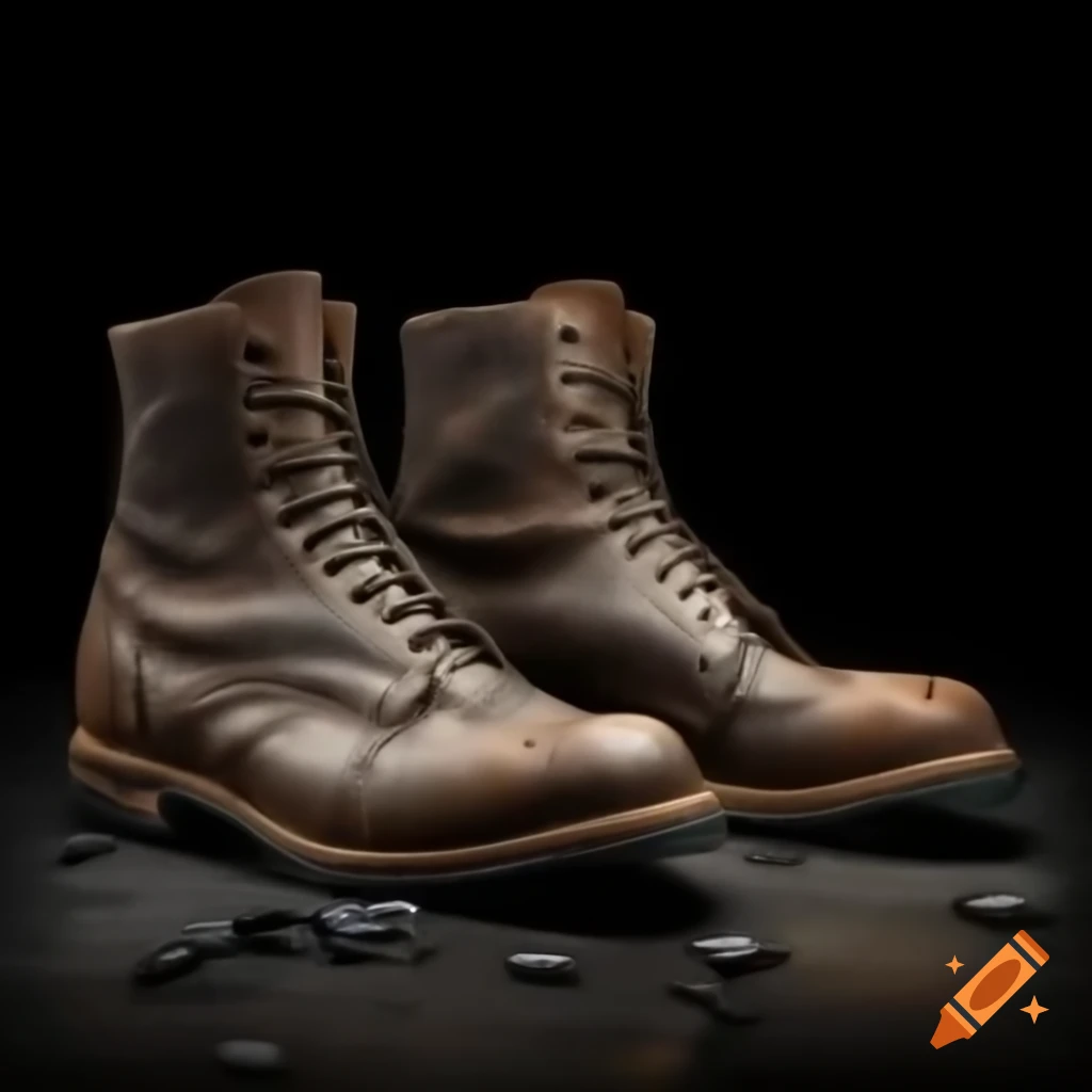 Worn-out dark leather boots with scuffed metal reinforcements and glowing runes
