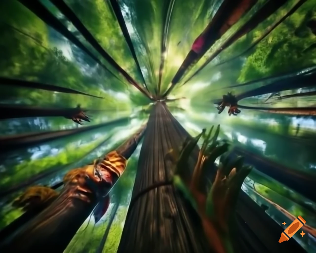Dense forest with towering trees and vibrant plants reaching for sunlight
