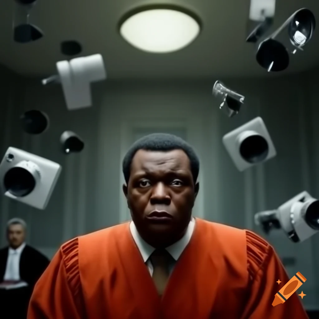 Angry man in courtroom flying toward camera