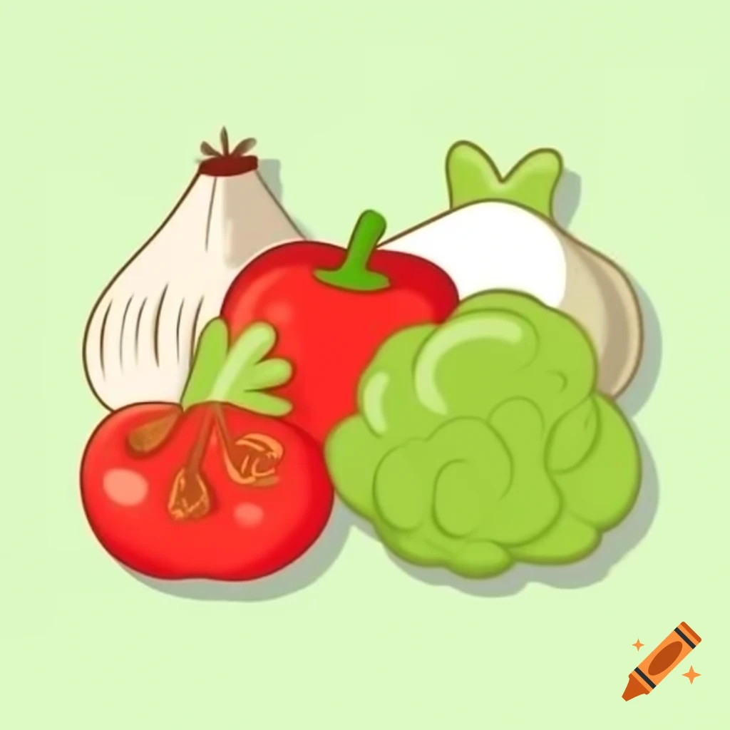 Cartoon style vegetables and fruits including paprika, tomato, apples, onion, and garlic
