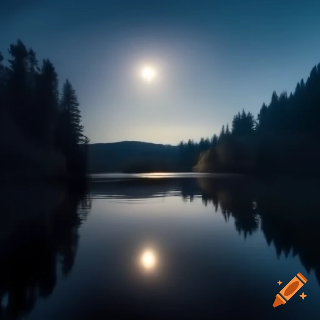 Lago con luna llena y árboles en el fondo