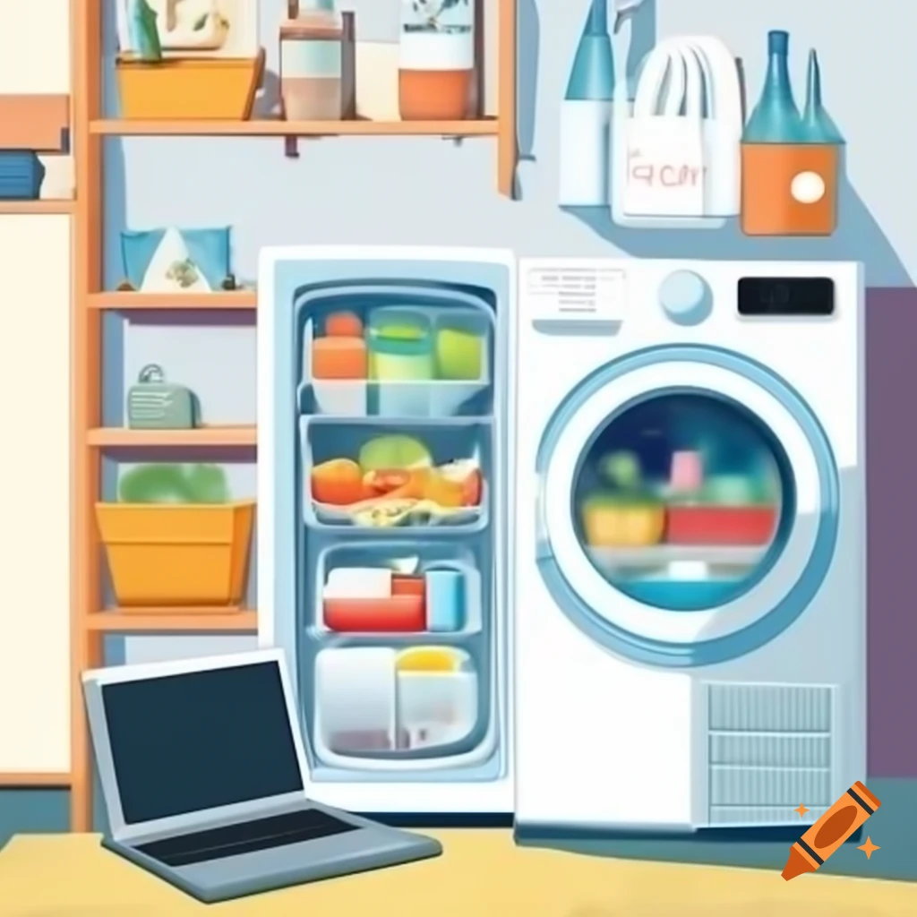 Home appliances and technology including fridge, washing machine, oven, mobile, and laptop