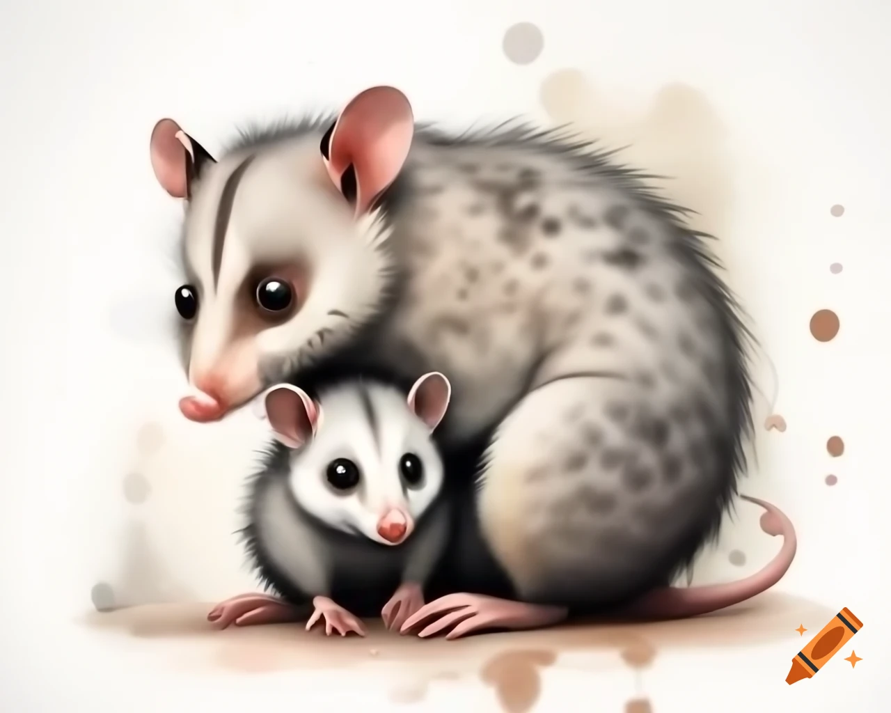 Mother possum with baby on her back in watercolor, storybook style