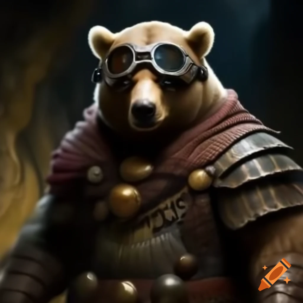 Cave bear in goggles and serpent scale armor with winged boots