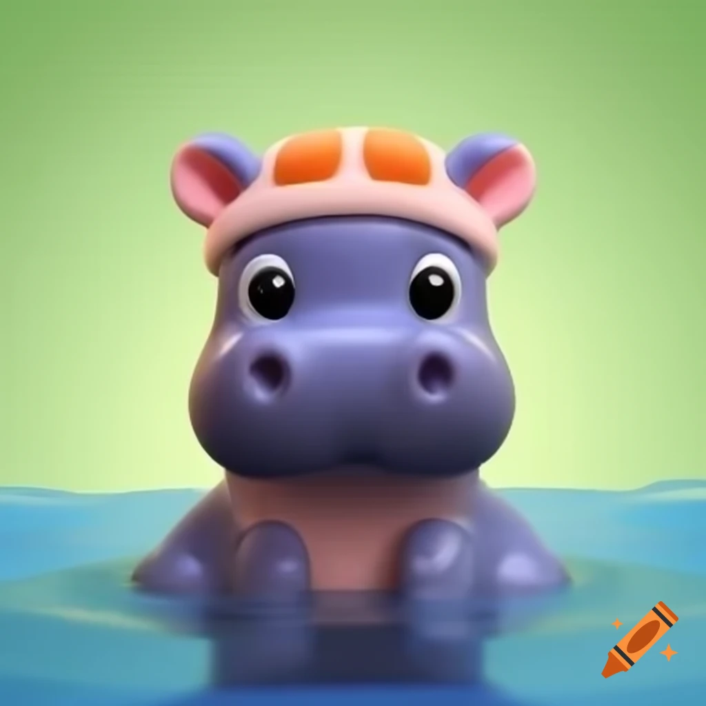 Cute baby Pygmy Hippopotamus with pig ear headband submerged in water, 3D model