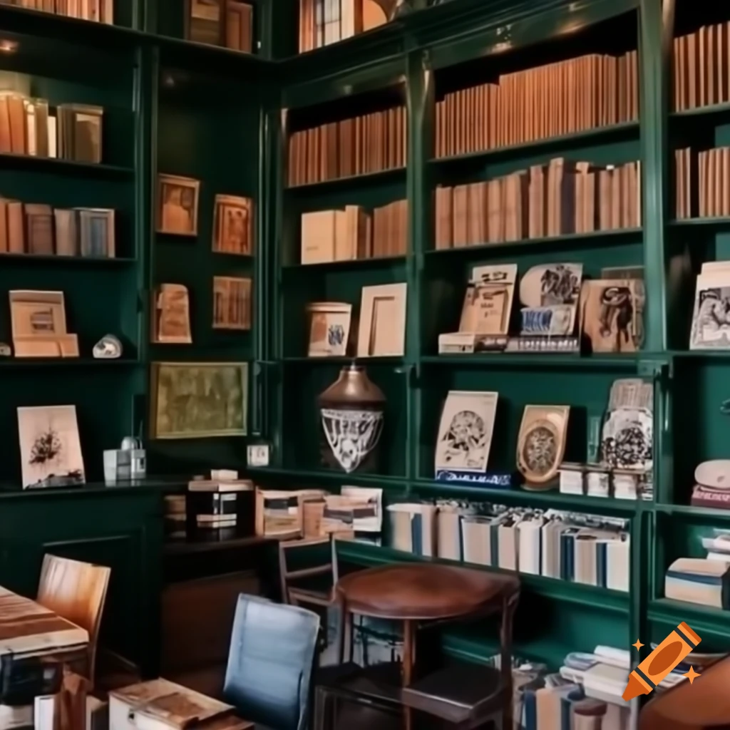 Cozy cafe interior with vintage books, dark wood furniture, and botanical decor