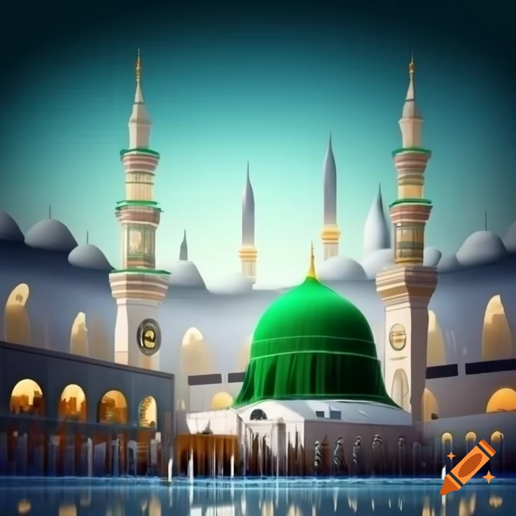 Vector illustration of Madinah Sharif crystal glass design featuring green dome of Holy Mosque