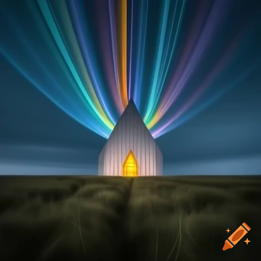 Thriving church in a bog with volumetric lighting and inverted colors