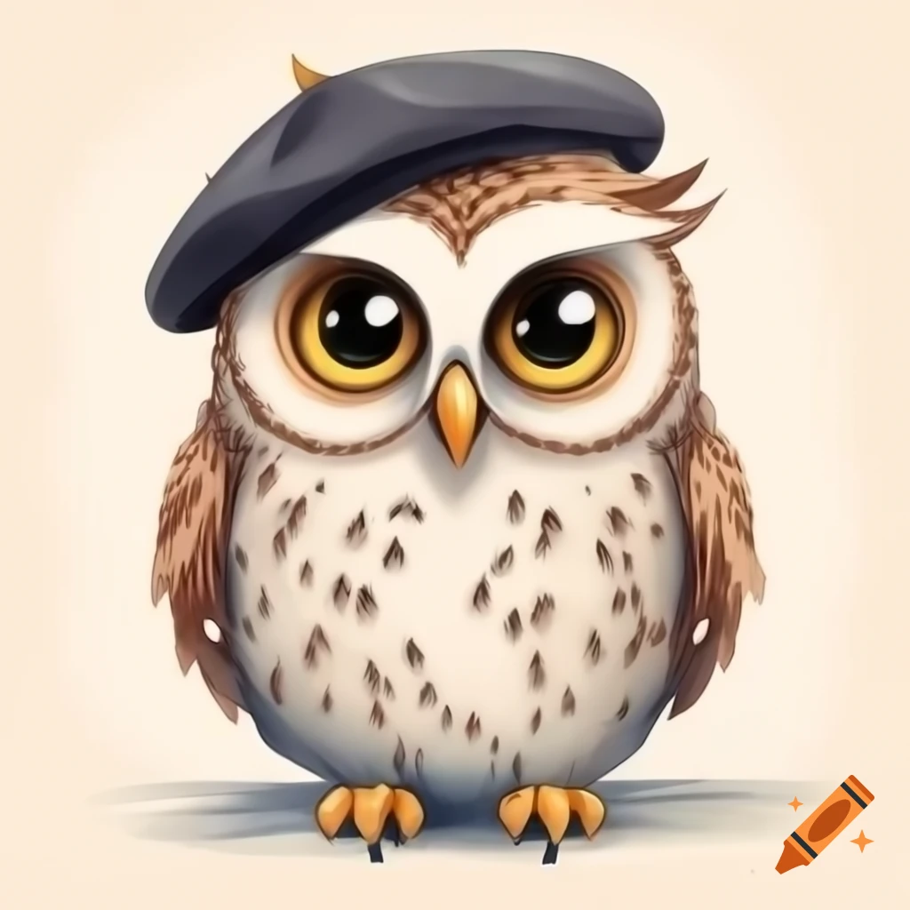 Elegant grumpy owl wearing a beret illustration