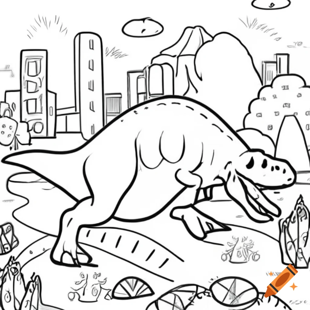 Coloring page featuring various dinosaurs including Tyrannosaurus Rex in cartoon style