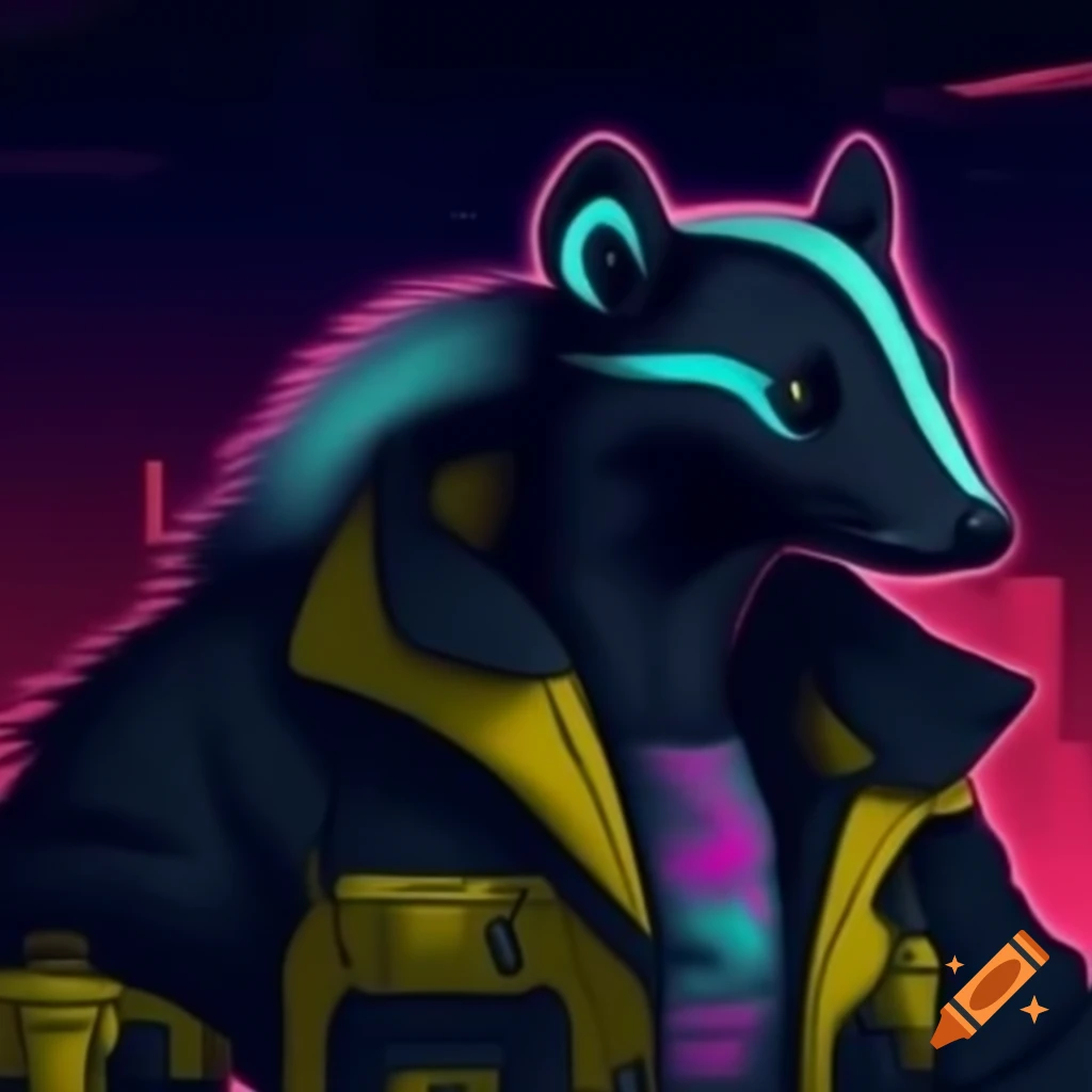 Realistic skunk in futuristic jacket with LEDs in neon dystopian city