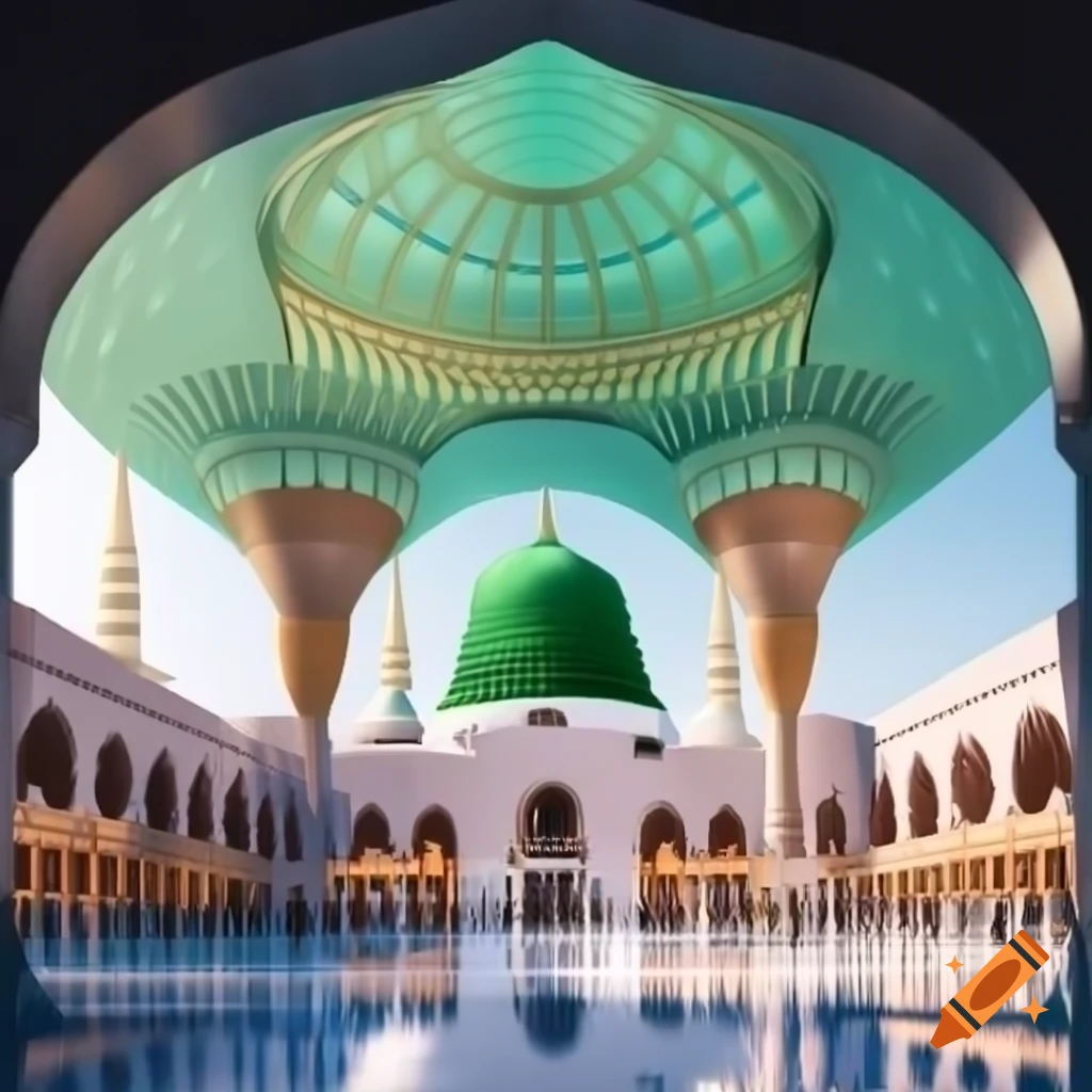 Vibrant vector illustration of Madinah Sharif mosque with green dome and crystal glass