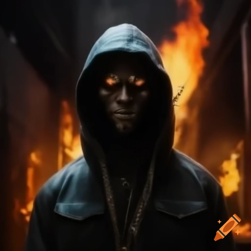 Urban hip hop person with glowing demon eyes next to wall with 'fire' graffiti