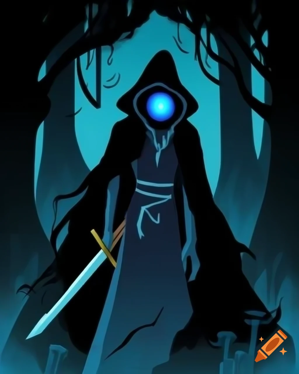 Cloaked cyclops warrior with glowing eye wielding sword in dark old growth forest