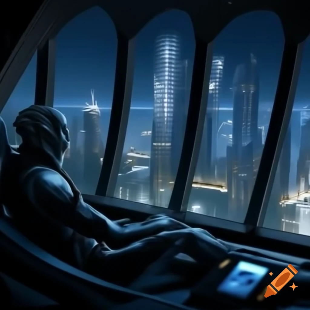 Interior of sci-fi luxury apartment with humanoid looking out at alien city with blue lights at night
