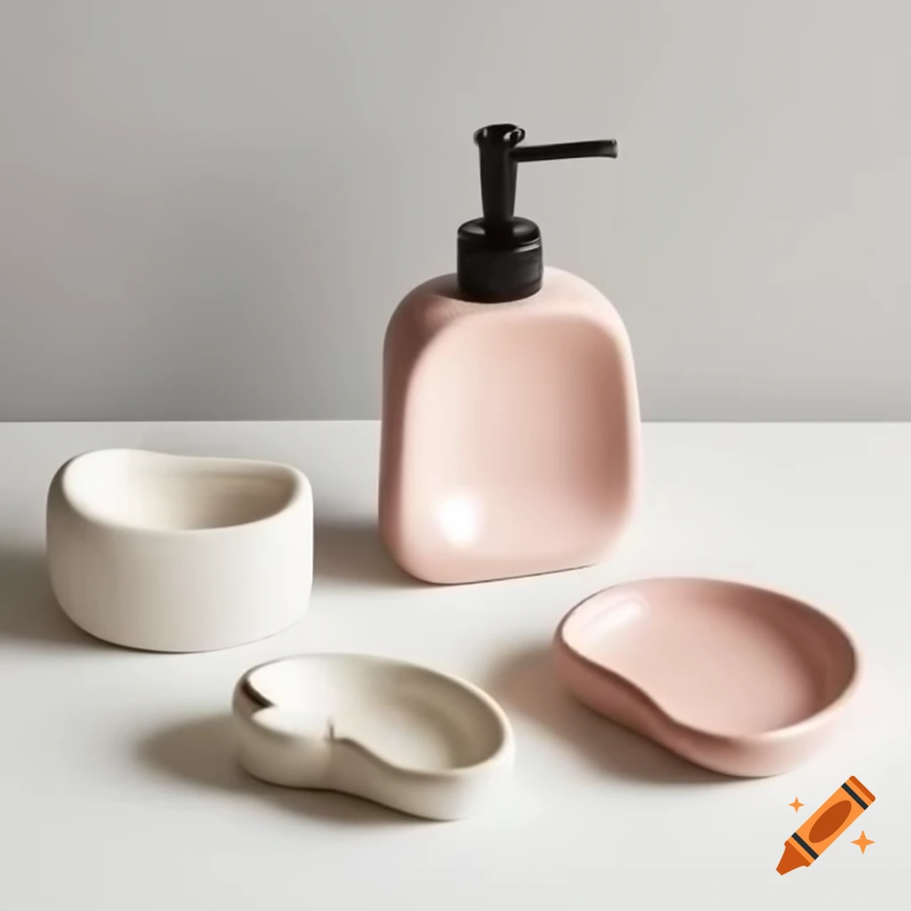 Ceramic bathroom accessory set in organic shape with smooth curves in pretty pink color