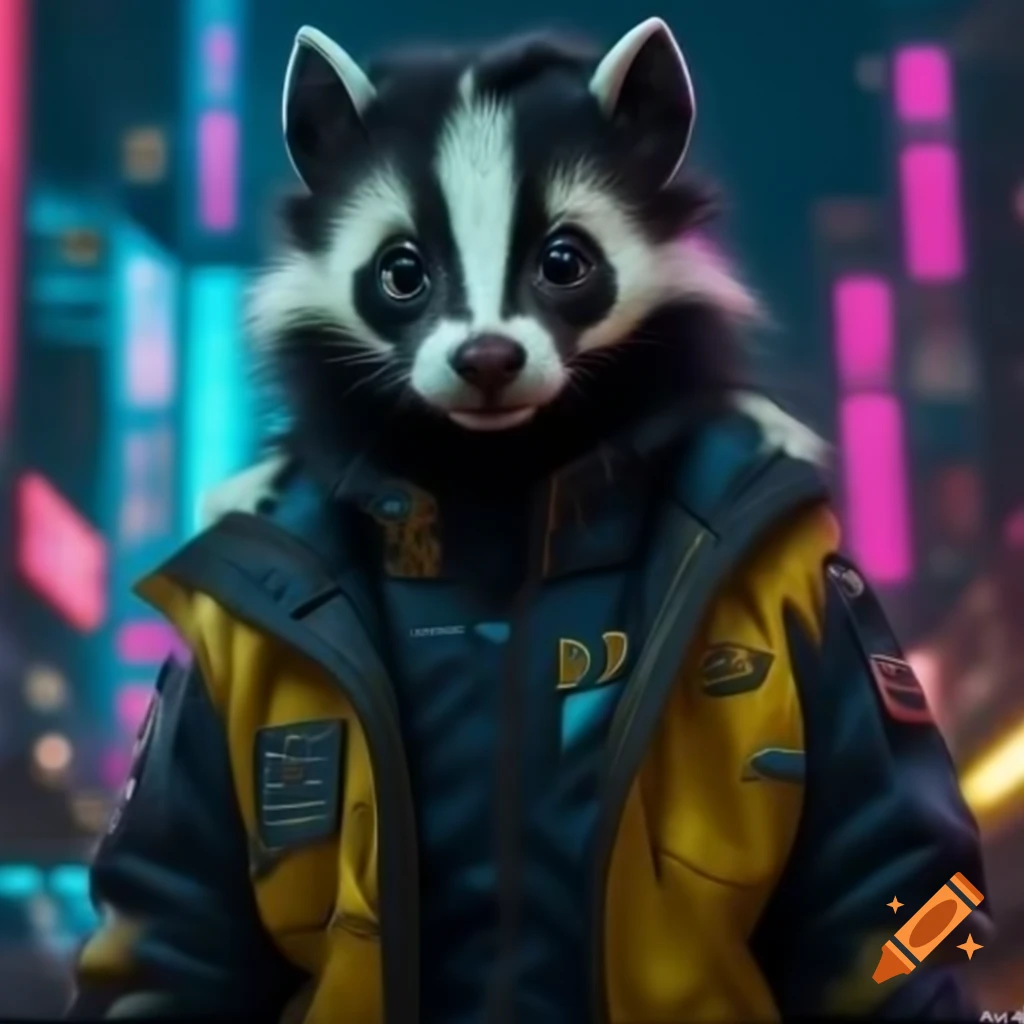 Skunk in high-tech jacket with LEDs in a neon dystopian city with 1980s aesthetic