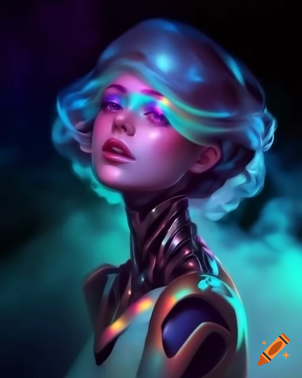 Cyborg portrait in psychedelic dreamscape with neon colors and digital shades