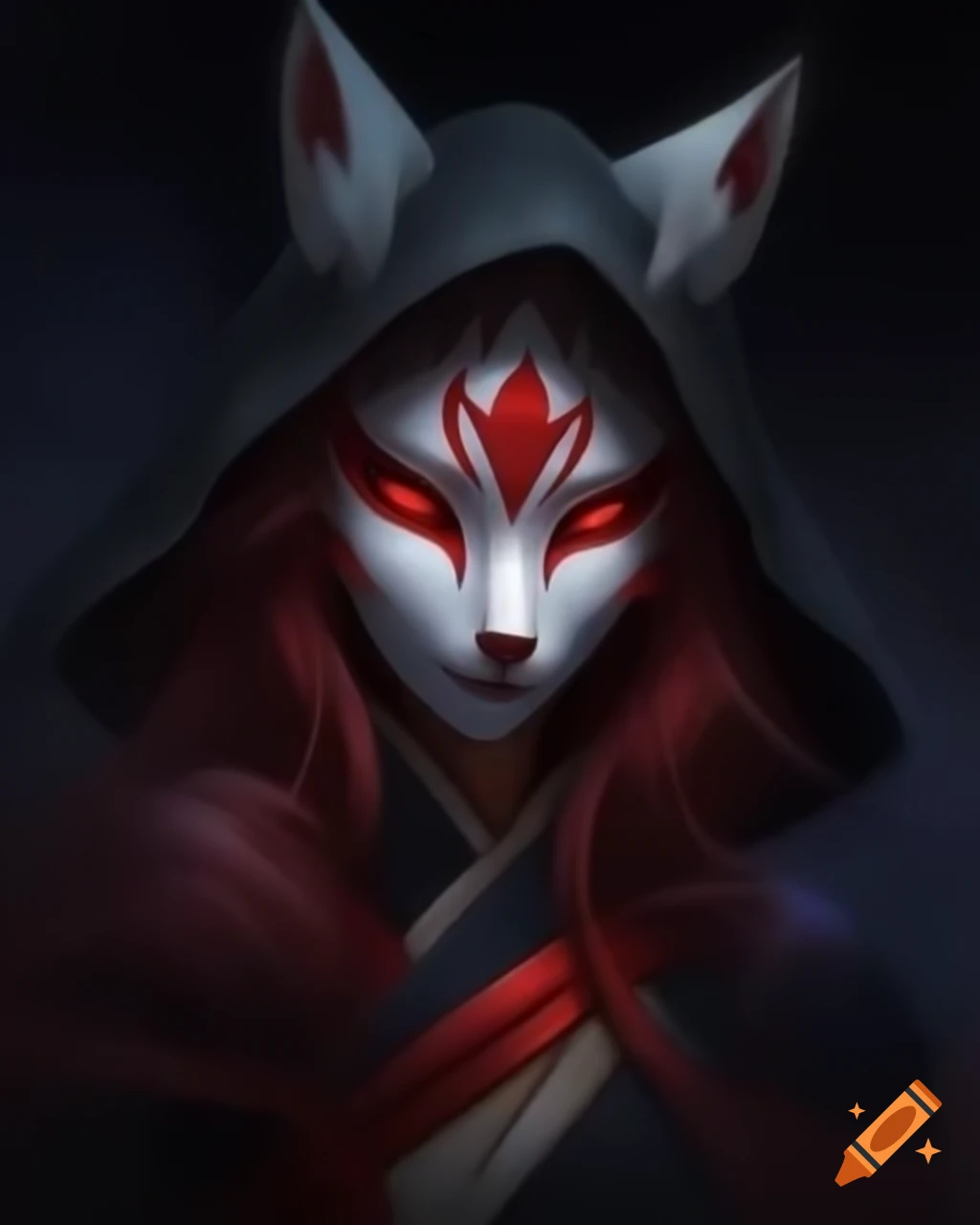 Asian woman in kitsune mask with dark fantasy theme