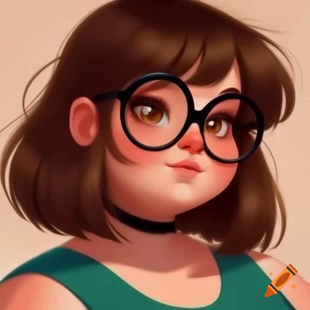 Bookish plus-size female character with freckled face and glasses in Disney art style
