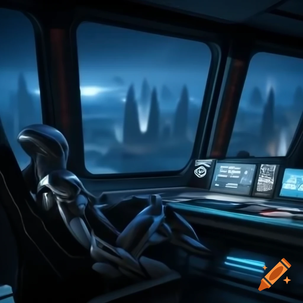 Interior of sci-fi luxury apartment with humanoid looking out at alien city with blue lights at night