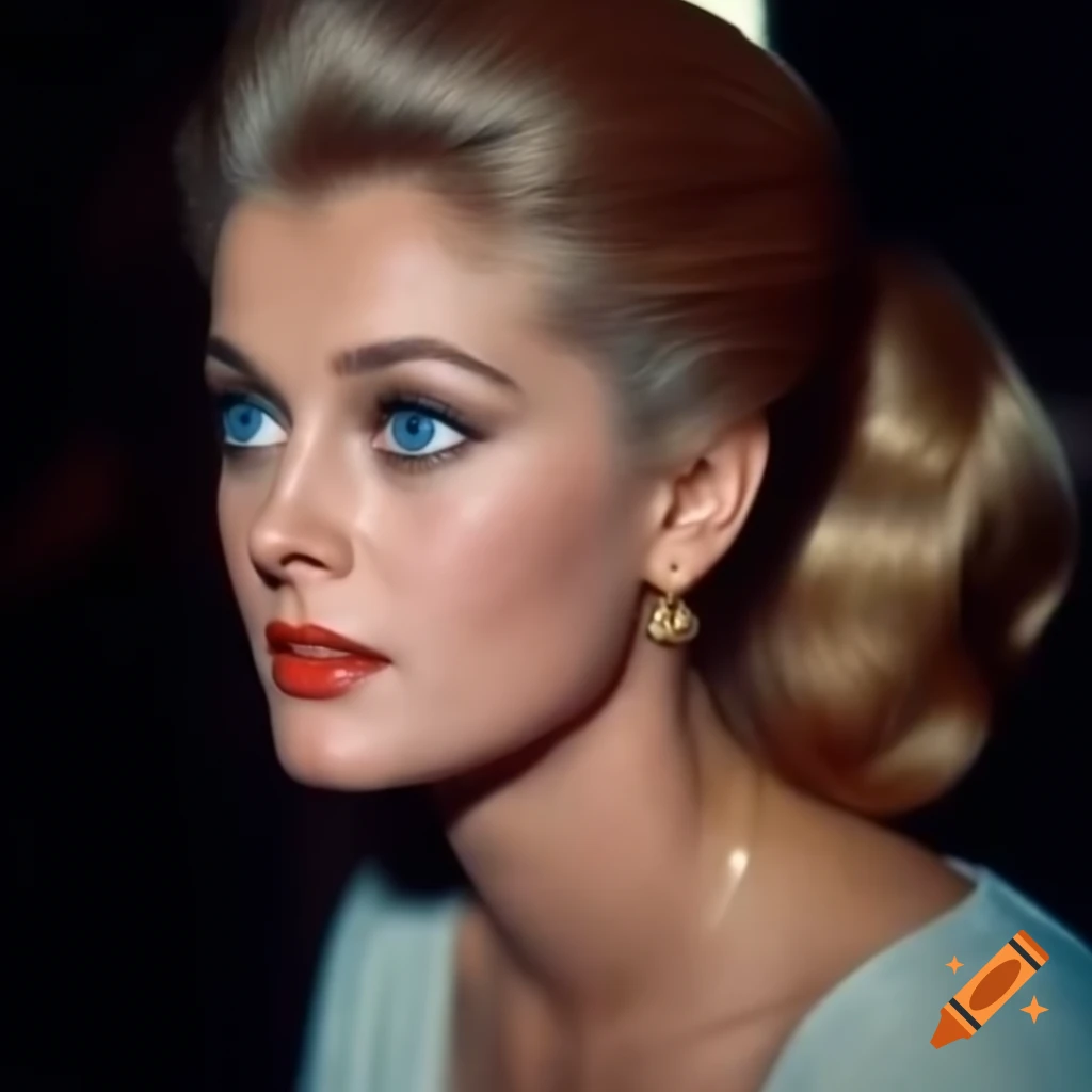 Hyper-realistic retro photo of beautiful European actress from 1963 with striking blue eyes and wavy blonde hair