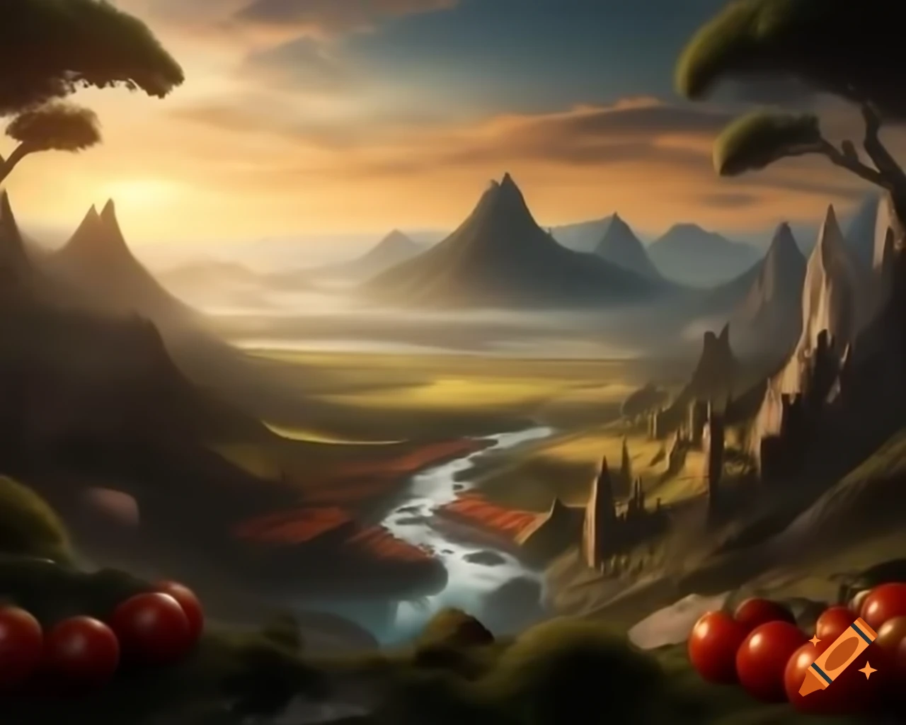 Legend of valley surrounded by ripe tomatoes guarded by mountains