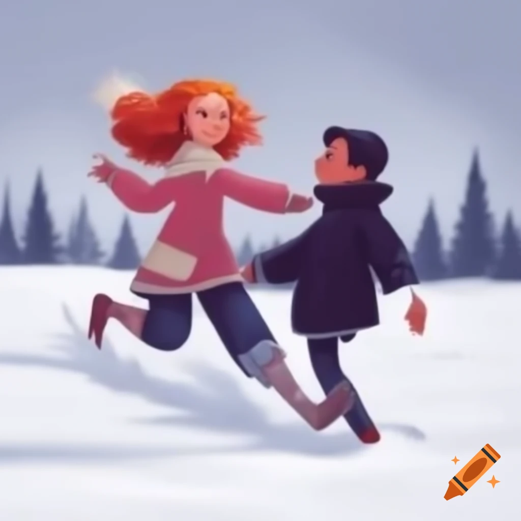 Redhead girl and brunette man playing in the snow