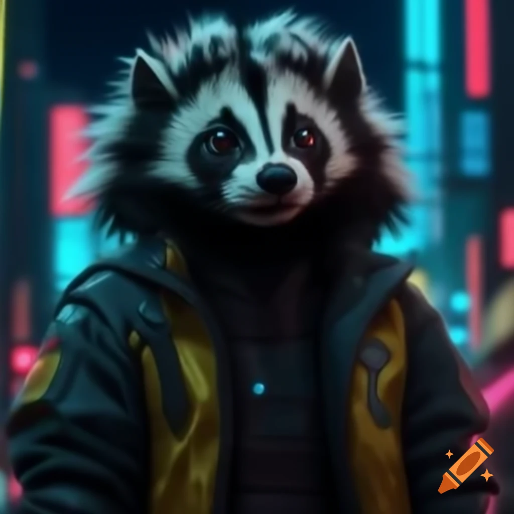 Realistic skunk in futuristic yellow jacket with LEDs in neon dystopian city