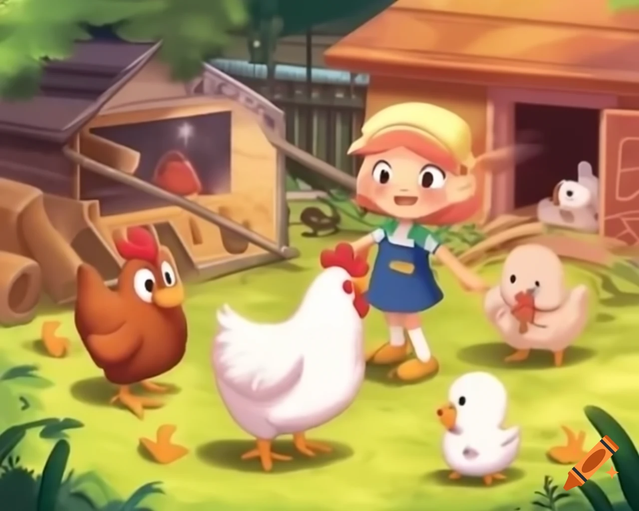 Cockerel with chicken, duck, and cat in poultry yard illustration