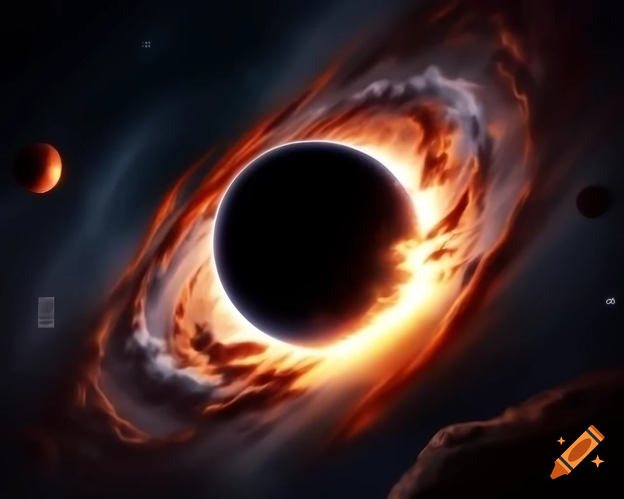Realistic depiction of a black hole in star-filled space with artistic raytracing and lens flare