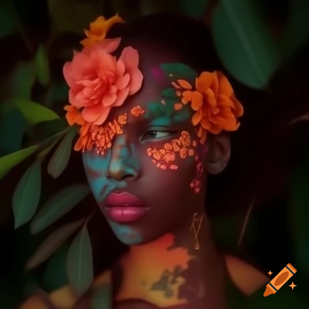 Intricate neon floral botanicals in plum, peach, and coral under dusk lighting