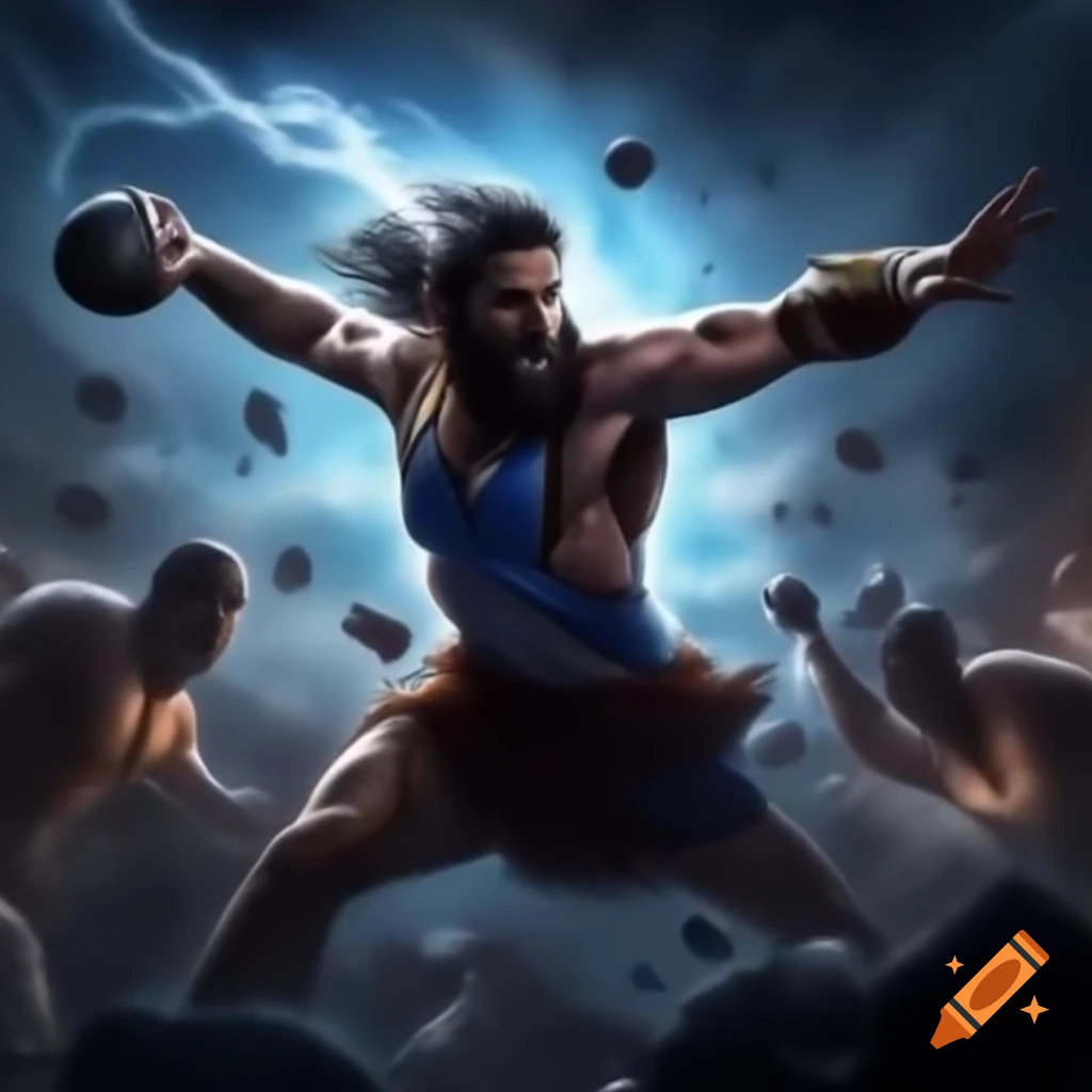 Zeus throwing electrifying handball, illuminating the sky