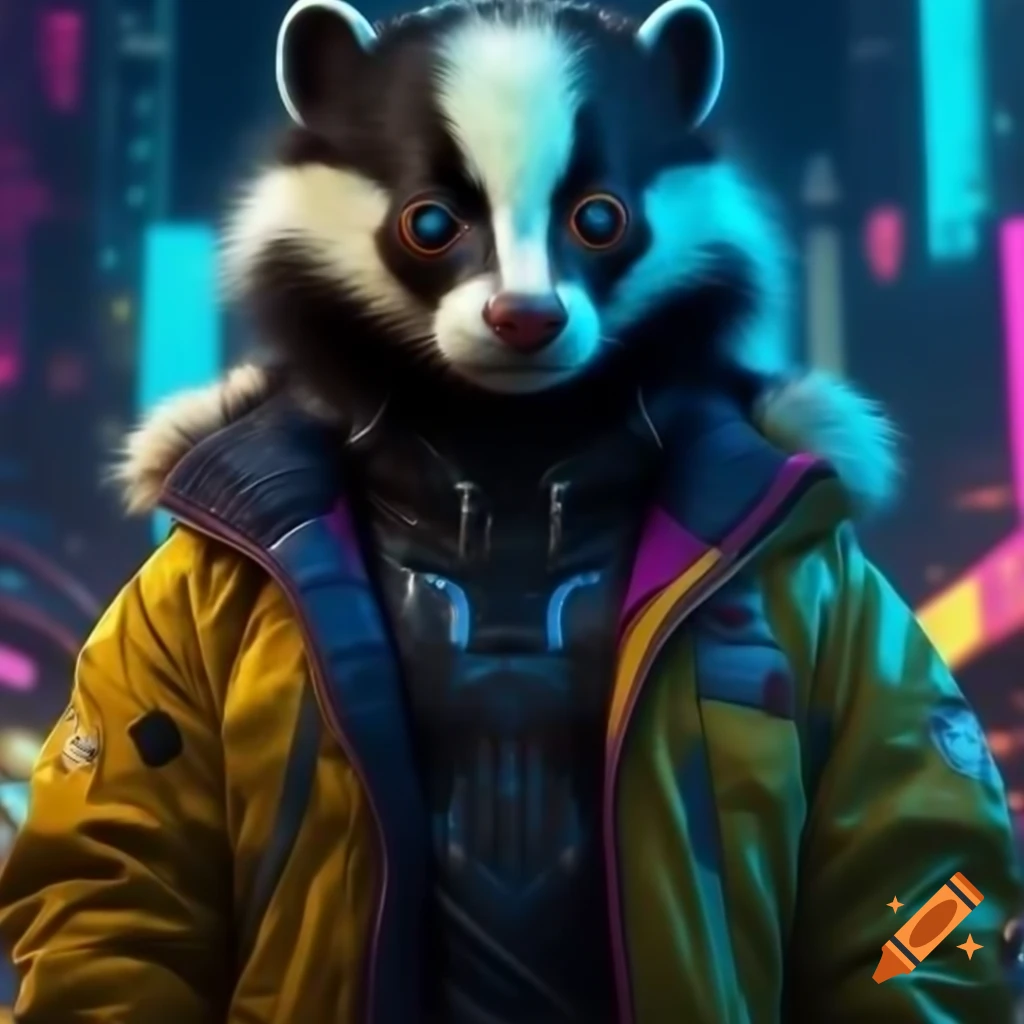 Skunk in high-tech jacket with LEDs in a neon dystopian city with 1980s aesthetic
