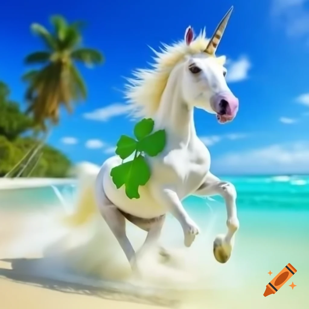Unicorn with shamrock running on tropical beach