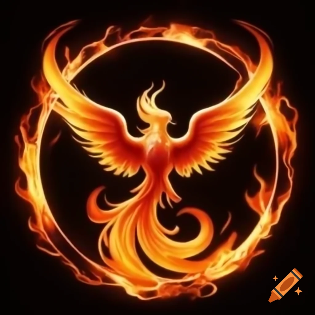 Circular logo design of a phoenix made from flames