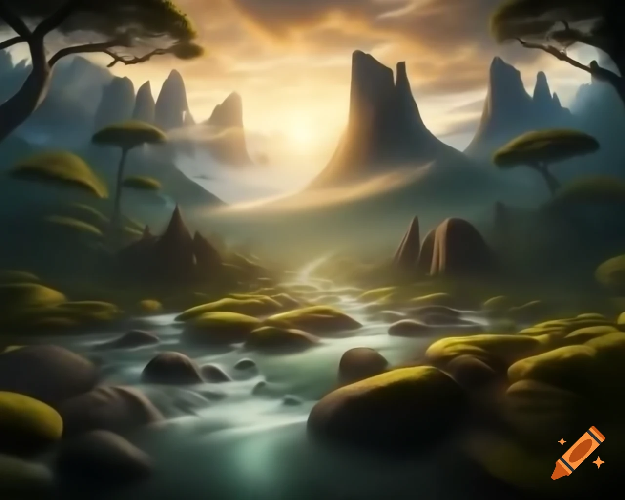 Ancient mountain range towering above winding river with grand trees