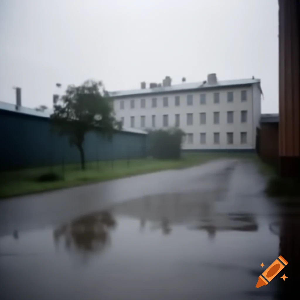 Rainy yard in Russia with a five-story building