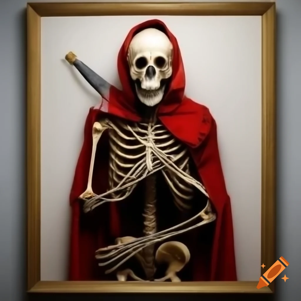 Detailed skeleton with sword and red tattered cape against white background